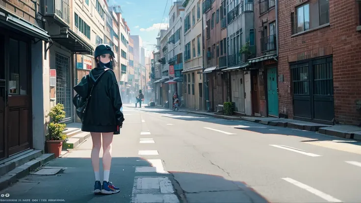 alley scene with a hip hop girl in the background with a mask posing for a camera