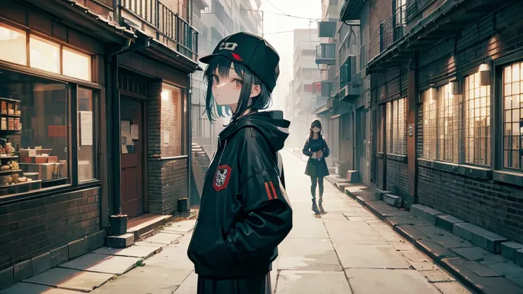 alley scene with a hip hop girl in the background with a mask posing for a camera