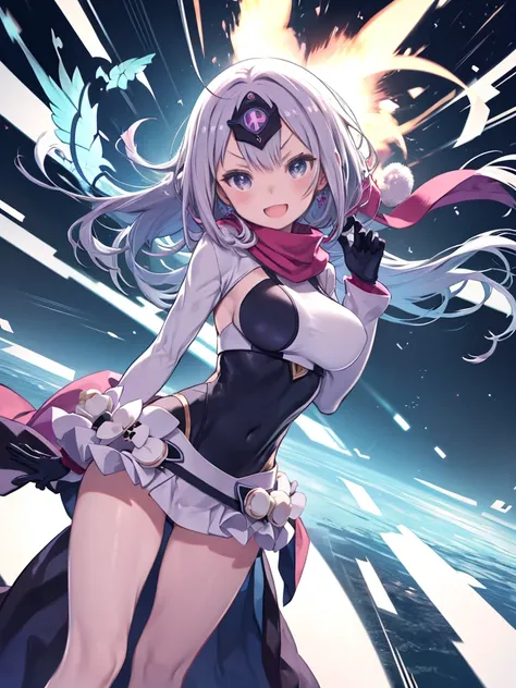 Sentai heroine girl、Eye mask、The eye area is glowing、Body-fitting rider suit、Fancy costumes、Colorful Hair、A long scarf fluttering in the wind、pose、Big Breasts、White Leather Gloves、Smiling、lipstick、V-shaped eyebrows、Open your mouth、Watching the audience、Exp...