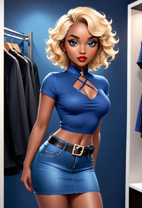 Beautiful woman with short blonde curly hair with blue eyes wearing Jeans Tight Skirt With Leather Belt, Sexy Criss Cross Mock Neck Short Sleeves Shirt, luxurious jewelry, standing in a fitting room at night with legs open with her pussy marked (ebony skin...