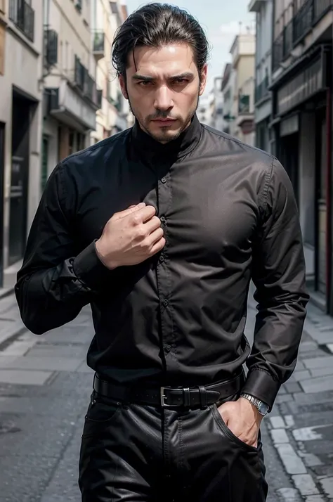 Hombre, como jefe de mafia, alto y en forma, con el cabello corto color negro, delineado negro en la parte inferior de los ojos y ojos verdes, mientras modela sexy en diferentes posiciones,  cuerpo completo.