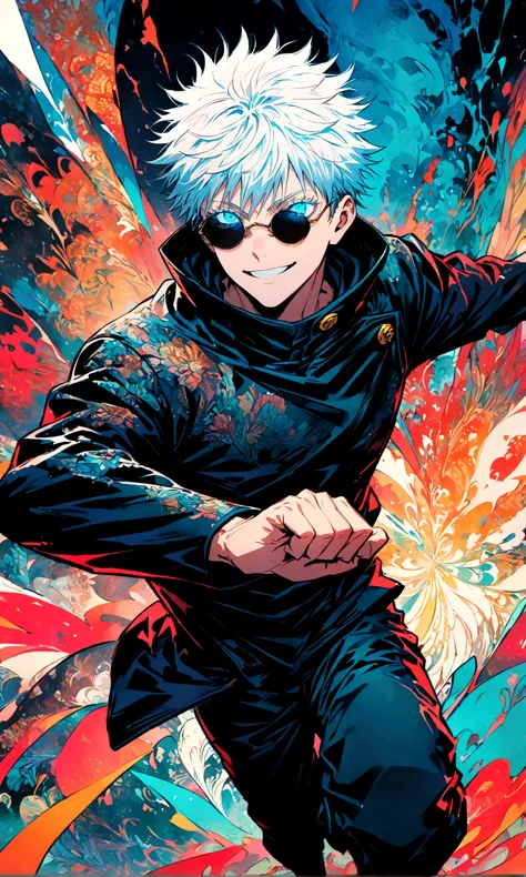 (1boy,gojou satoru,jujutsu kaisen),Black round lens sunglasses,,Sui Ishidas painting style,Intricate details,Use black and white as your main colors,Decadent,artwork,rendering,Dynamic Pose,(masterpiece:1.3),(highest quality:1.4),(ultra detailed:1.5),High r...