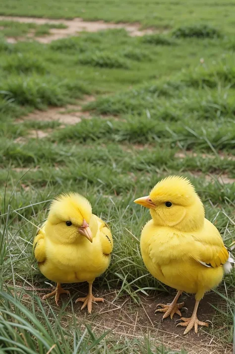 Consider this scene: fluffy yellow chicks pecking happily amidst green grass,