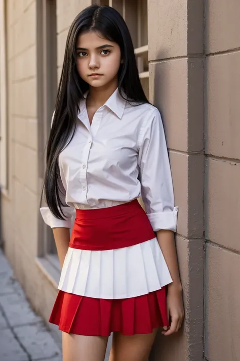 a 16-year-old girl, with black hair that reaches her waist and ruby-colored eyes, is wearing a white shirt without buttons and a red skirt with pantyhose, with a serious and a little sad expression in a corner.