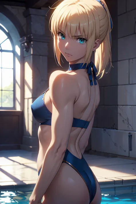 NSFW　(Highest quality:1.5, High resolution, 超High resolution, 4K, Detailed lighting, Shaders)(Beautiful details:1.6)(Artoria Pendragon), alone　　（Swimwear）＋＋　　short hair,ponytail　 Parody, Blue choker,　Beautiful Abs　 Beautiful arm muscles　((Are standing))　　R...