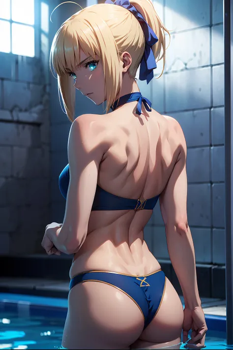 NSFW　(Highest quality:1.5, High resolution, 超High resolution, 4K, Detailed lighting, Shaders)(Beautiful details:1.6)(Artoria Pendragon), alone　　（Swimwear）＋＋　　short hair,ponytail　 Parody, Blue choker,　Beautiful Abs　 Beautiful arm muscles　((Are standing))　　R...