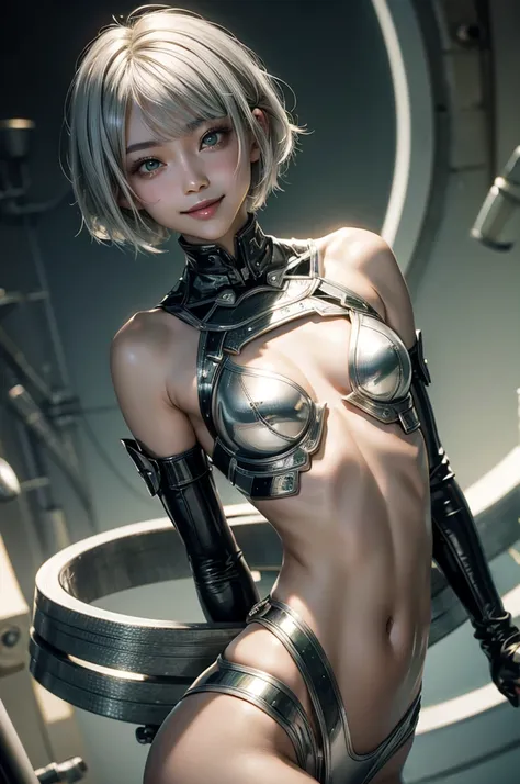 Japanese Cute girl, short hair, bob cut hair, silver hair, antenna hair, shiny hair, beautiful green eyes, medium breasts, short torso, small build, shiny white skin, great smile, 