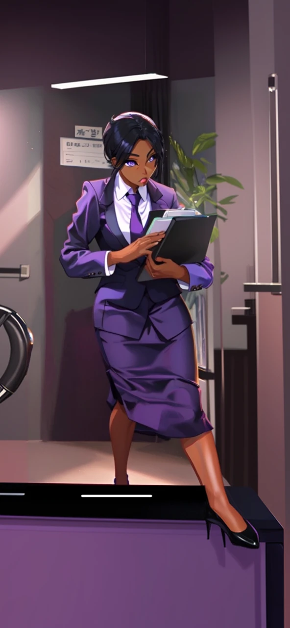 Black anime business woman in a purple skirt suit 