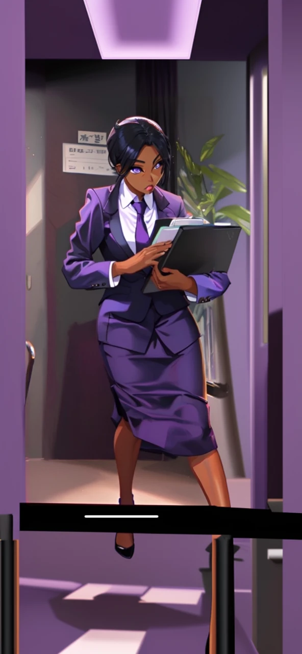 Black anime business woman in a purple skirt suit 