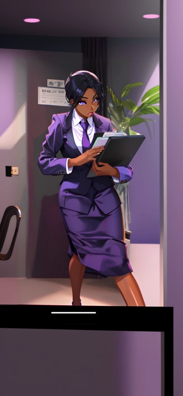 Black anime business woman in a purple skirt suit 