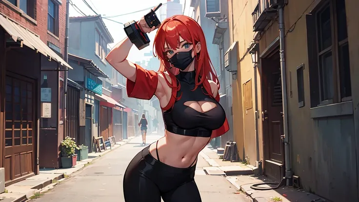 alley scene with a hip hop girl in the background with a mask posing for a camera