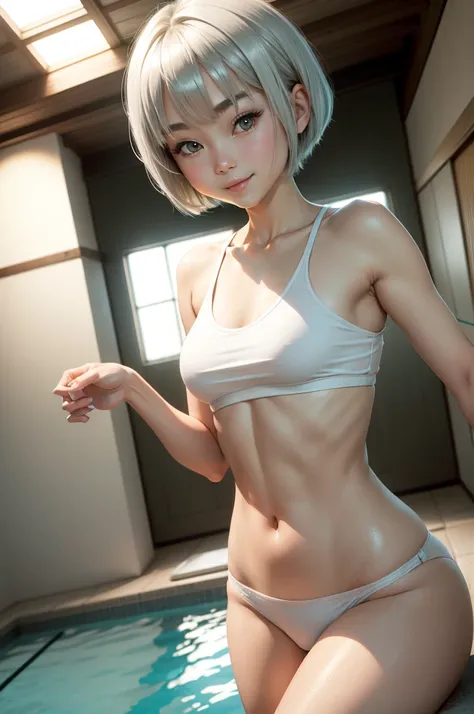 Japanese Cute girl, short hair, bob cut hair, silver hair, antenna hair, shiny hair, beautiful green eyes, medium breasts, short torso, small build, shiny white skin, great smile, White tank top, black panties, indoor heated swimming pool, 