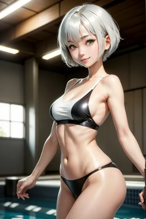 Japanese Cute girl, short hair, bob cut hair, silver hair, antenna hair, shiny hair, beautiful green eyes, medium breasts, short torso, small build, shiny white skin, great smile, White tank top, black panties, indoor heated swimming pool, 