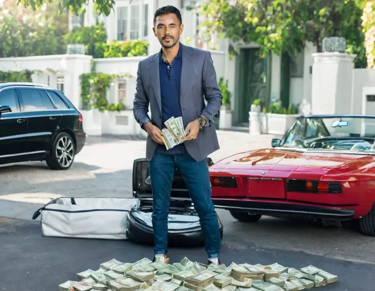 A man with old money style casual dress and full cash in his hand and luxury cars in his background  and a over filled cash bag in his hand