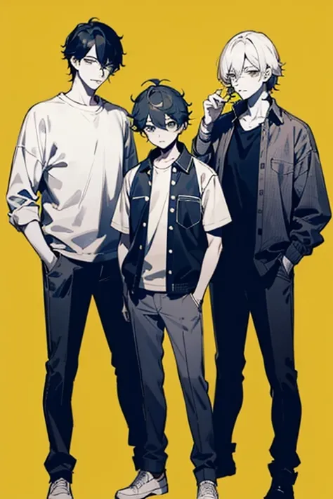 Cool guy　Soft touch　韓国Idolみたいな顔　Four men with different personalities　緑color　Friendly atmosphere　No background　Panel layout　Casual clothing　accessories　　Standing posture　Idol　Inner Color　笑顔
No background　color々な髪color　正面Standing posture