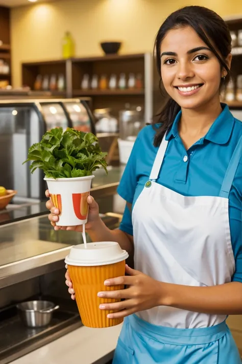 Generate a lady with Latin American traits by giving a reusable cup to a cafeteria staff and make it a boy with Latin American traits. 