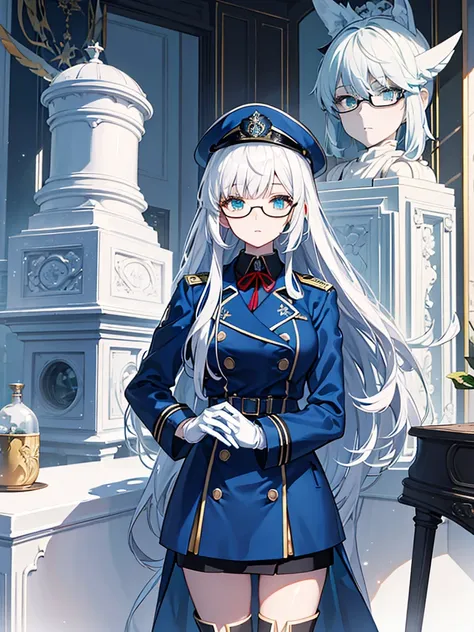 masterpiece, best quality, beautiful girl, white hair with blue inner color, emerald green eyes, dark blue military uniform, mature_female, eye_glasses, white gloves, anime, dark blue military hat, very_long_hair, perfect body, red ribbon, commander, scien...