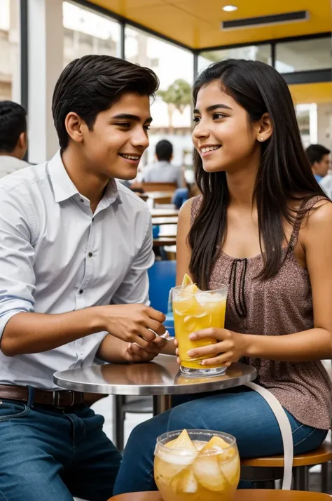 Generate an image of the interaction of a girl and a boy with Latin American features where the chuca is giving him a reusable drink in a cafeteria 