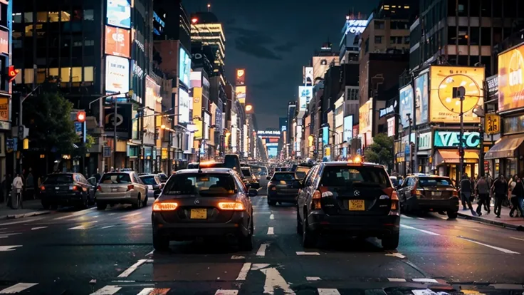 a crowded city street in New York City, massive skyscrapers, traffic jam, asphalt road, busy intersection, pedestrians crossing the street, neon signs, street lamps, detailed city landscape, gritty urban atmosphere, vibrant colors, dynamic composition, cin...