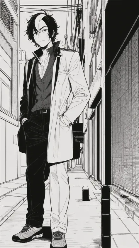 masterpiece, best quality, 1man, uniform, hand in pocket, school bag, black hair, black eyes,  cyberpunk, street,  monochrome, lineart