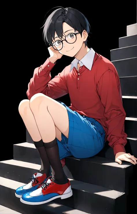 Nobita Nobi,solo, smile, simple background, shirt, black hair, long sleeves, 1boy, sitting, full body, male focus, shoes, glasses, shorts, socks, collared shirt, black background, red shirt, blue shorts, blue footwear, stairs