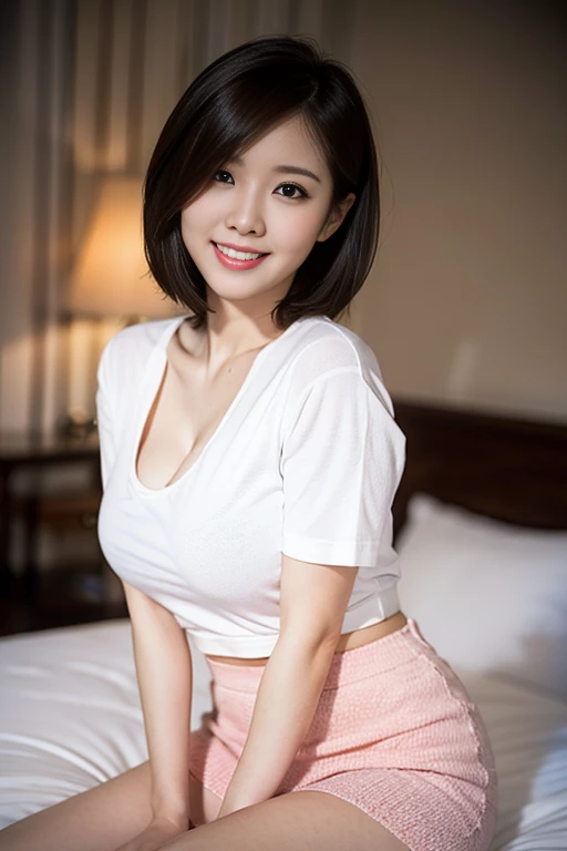 a gorgeous lady, age 22, white Knit T-shirt and pink mini-skirt, on a bed, natural pose, dimpled smile, short bob hair, cute snaggleteeth, well-endowed round bosom, beautiful thighs, photorealistic, beautiful detailed face, beautiful detailed eyes, hyper-r...