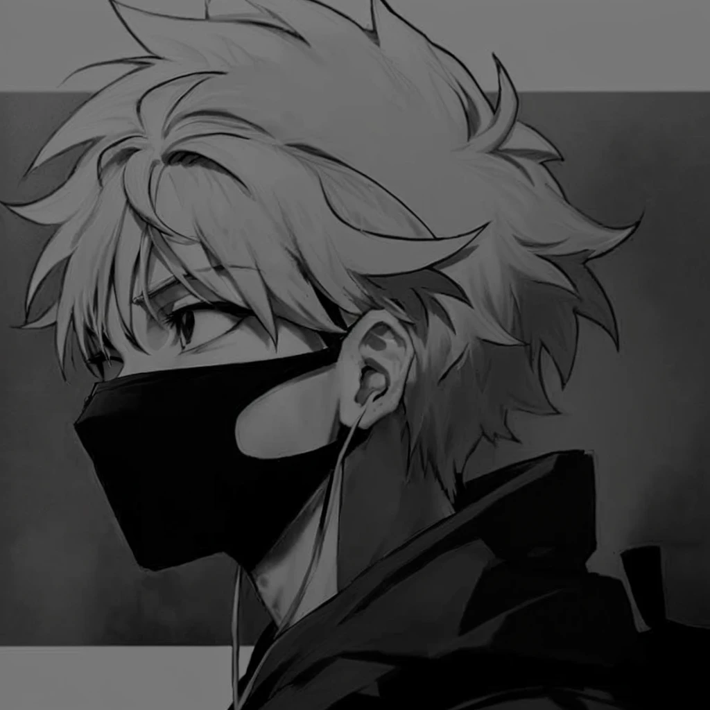 a black and white photo of a person with a mask, pin on anime, cabelo preto killua zoldyck, estilo de anime limpo e detalhado, handsome guy in demon slayer art, acionar estilo de arte de anime, wearing an all-black mempo mask, estilo de arte de anime de al...