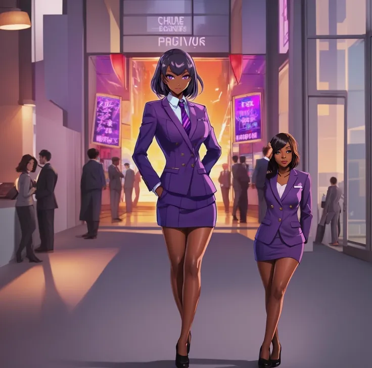 Black anime business woman in a purple skirt suit 