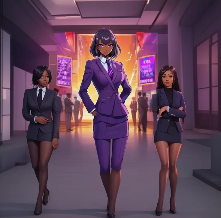 Black anime business woman in a purple skirt suit 