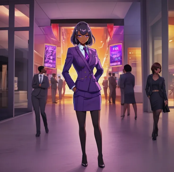 Black anime business woman in a purple skirt suit 