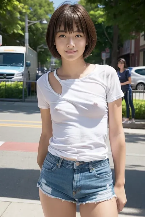 medium shot, ((show off nipple)), main street, japanese lady, pale skin, droopy eyes, 20 year old, bowl cut hair, ((white loose t-shirts,lowrise denim shorts)), ((standing)), high quality:1.3, shoot from below 2.0, Professional lighting:2.0 realistic:1.2, ...