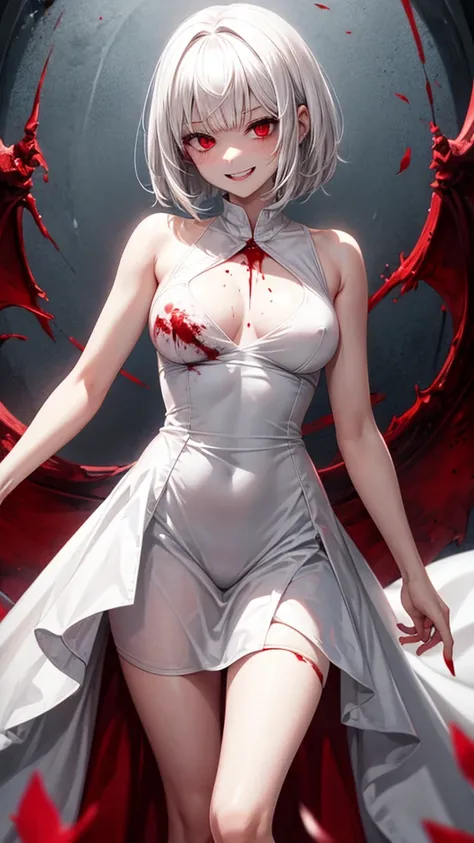 White short hair, Red eyes, small breast, long legs, White dress, Yandere girl, blood on face, scary smile