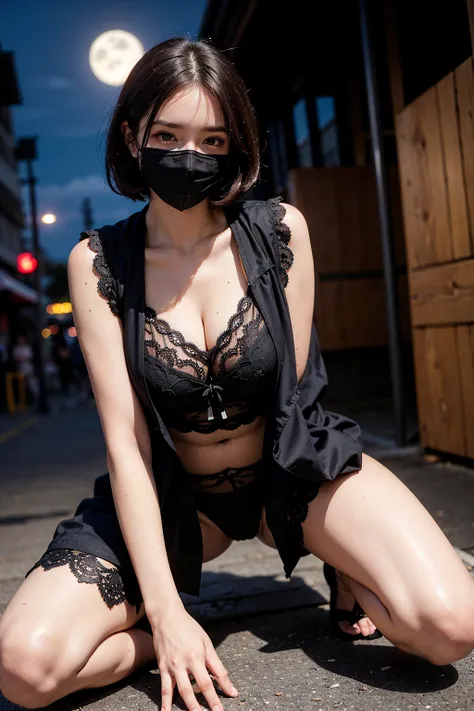 ((black trench coat)), (black tank top), ((black tiny lingerie, delicate lace embroidery, very very see-through lingerie)), ((black mask)), K-cup bust, huge breasts, early 30s, medium to short hair, (round face, centrifugal face), beautiful forehead, big e...