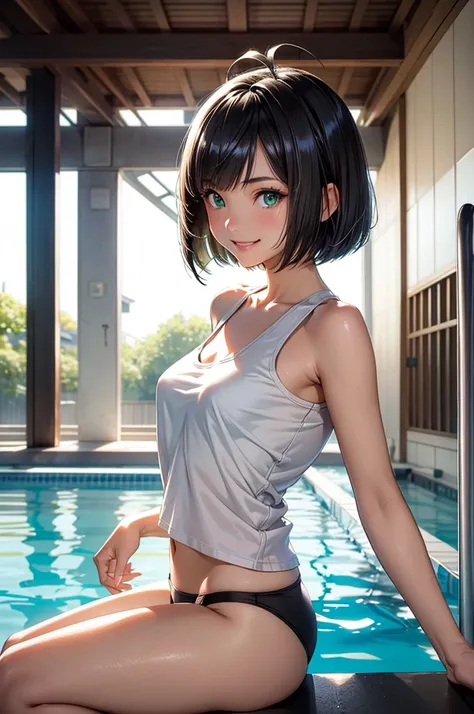 Japanese Cute girl, bob cut hair, silver hair, antenna hair, beautiful green eyes, medium breasts, short torso, small build, shiny white skin, great smile, White tank top t-shirt, black panties, indoor heated swimming pool, 