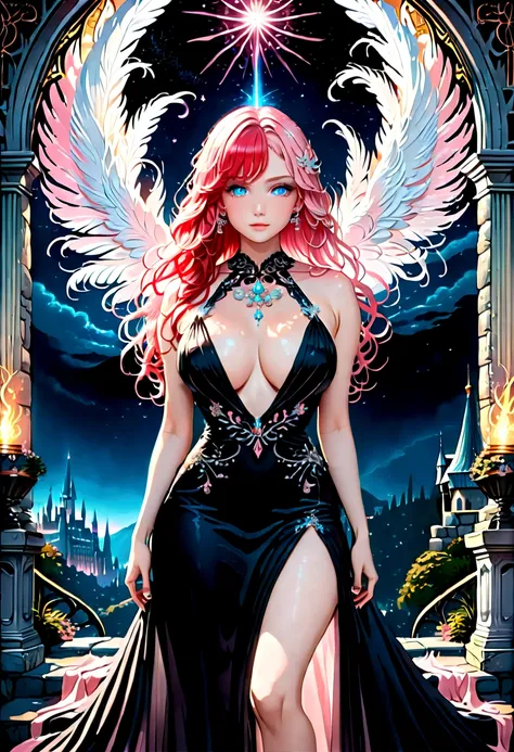 Arafed, a picture of a female angel in high society prom event, divine beautiful female angel, red hair, long hair, flowing hair, the hair glows in a soft light, cerulean eyes, deep light eyes, divine feminine  face, (spread white feather wings: 1.2), she ...