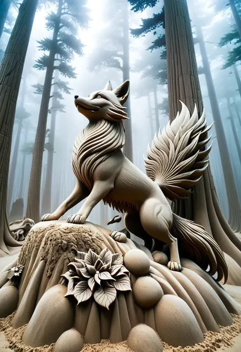 sand sculpture style,  nine-tailed fox：这只nine-tailed fox的每条尾巴都闪耀着不同的宝石色彩，from the passion of ruby to the calmness of sapphire，th...