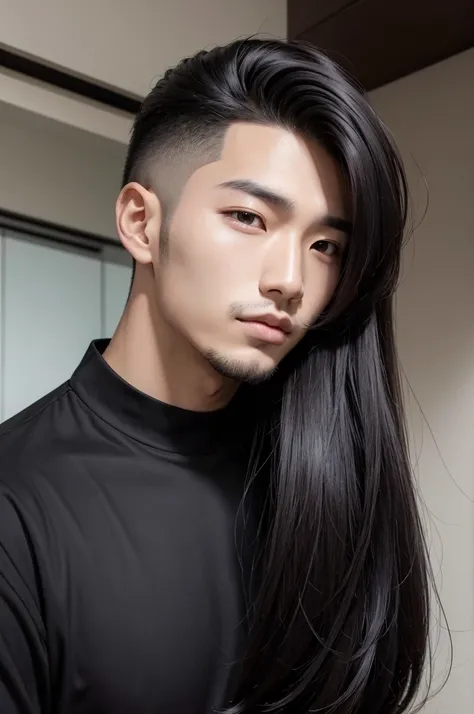 Homem Coreano com cabelo preto com mechas de cabelo brancas 