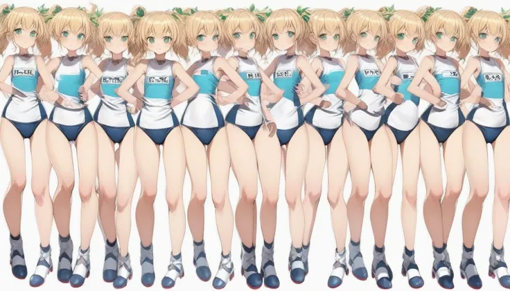 Short stature,flat chest,clone girls,extremely number of clone girls, blond hair, green eyes,roll(mega man classic),swimsuit roll(mega man x dive old design),high ponytail hair,Sleeveless navy one piece old type school swimsuit with white stripes from armp...