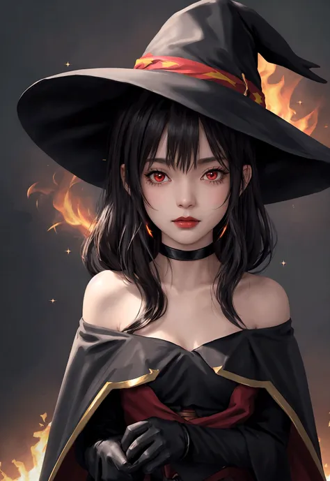 better quality, very detailed, mesa, better quality, megumin, 1 girl, bare shoulders, black cape, black gloves, black hair, cape...