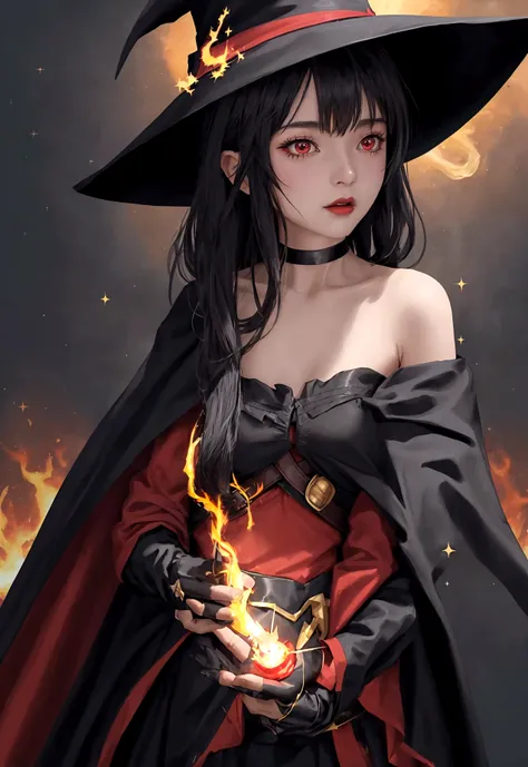 better quality, very detailed, mesa, better quality, megumin, 1 girl, bare shoulders, black cape, black gloves, black hair, cape...