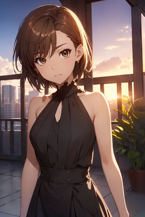 (Highest quality:1.5, High resolution, 超High resolution, 4K, Detailed lighting, Shaders), NSFW Misaka Mikoto ,short hair　Brown Hair　Brown eyes　Cool face　((Black luxury dress))　Short length　Cute black panties　Realistic sun rays　sexy, Beautiful night view　