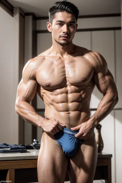 Ancient Thai men,40 year old,Thai nationality,Thai ethnicity,white wall background,skinny boy body, muscle body,sport body, big muscle, Handsome face,Six Pack,muscle,Crew Cut Mens hairstyle, He was wearing tight White Calvin Klein underwear and curved legs...