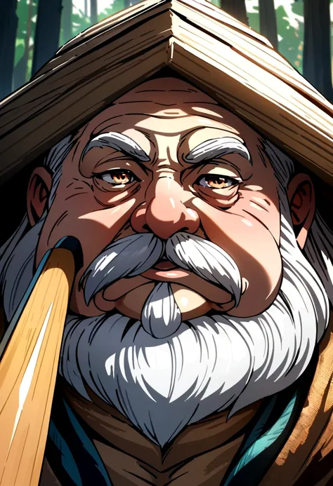  An old fat man with white hair sit in a wood hut holding a shovel. Approaching perfection, Close up Shot, Ultra detailed, detailed face structure, smooth, 4K resolution. 