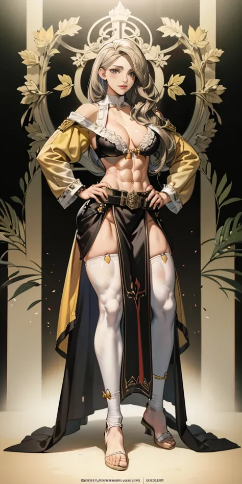 full body toe to head, masterpiece, 1soloMILF BIMBO standing yellow loincloth and yellow bra, left hand on hips and right hand down pose, leather collar choker neck bell shackles wristbands bracers bracelets sleeves and stockings, strong body, abs, shiny s...