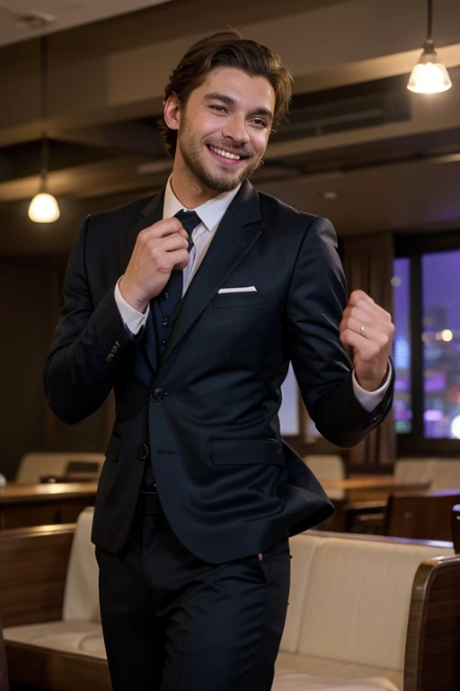 Male stubble beard brown handsome green eyes thin middle curly hair classy navy suit badass skinny in black clothes smiling dancing night club