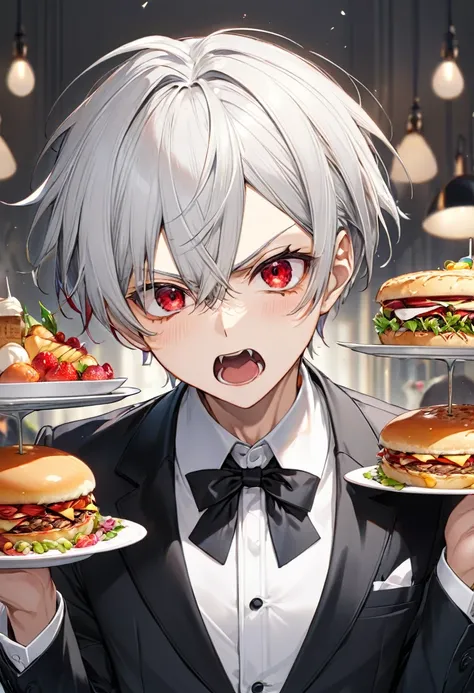 (angry:1.3 style) (wide open mouth), (16 yo, solo crew cut silver hair very short hair divine boy, angry red eyes wide open, angry:1.5 face, flat chest), (in a butler suit), break, (background is food), BREAK, perfect anatomy, masterpiece, best quality, 16...