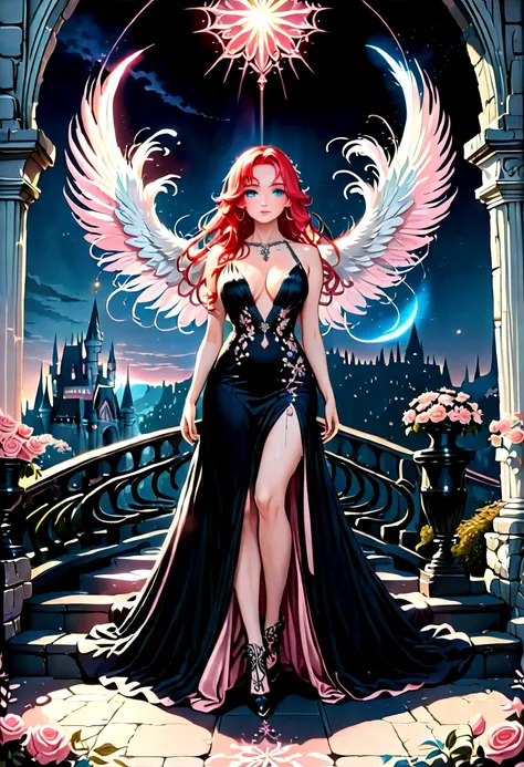 Arafed, a picture of a female angel in high society prom event, divine beautiful female angel, (red hair: 1.1), long hair, flowing hair, the hair glows in a soft light, cerulean eyes, deep light eyes, divine feminine  face, (spread white feather wings: 1.2...