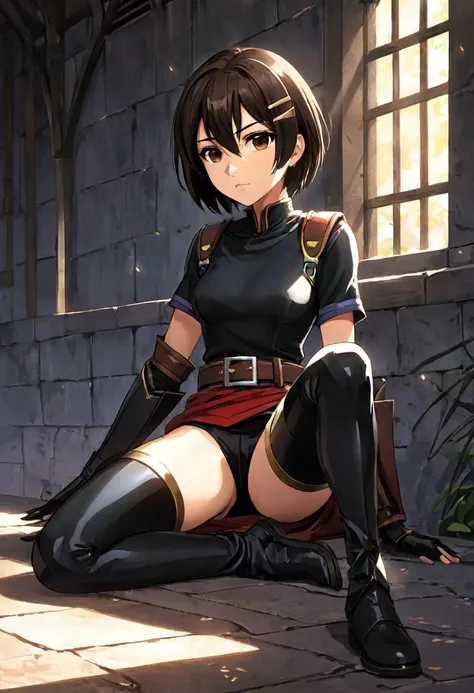 Anime, flat , (Ellen 18-years-old, short dark layered hair, Brown-eyed, small breast:1.0), hair clips 
Fantasy Rogue outfit, belt, spread legs, sitting, embarrassed, groin , 