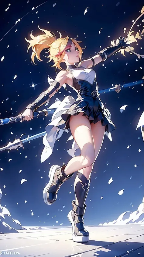 1 girl, ultra long hair, ultra detailed face, glowing lips, glowing blue eyes, very long ponytail, elegant walk, catwalk, holding down giant katana, blonde, long eyelashes, long boots, looking to the sky, starry sky, a ultra giant katana 