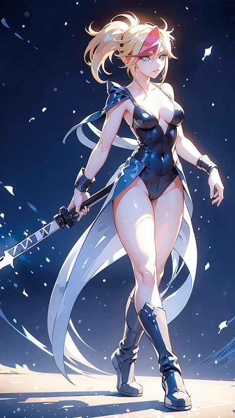 1 girl, ultra long hair, ultra detailed face, glowing lips, glowing blue eyes, very long ponytail, elegant walk, catwalk, holding down giant katana, blonde, long eyelashes, long boots, looking to the sky, starry sky, a ultra giant katana 